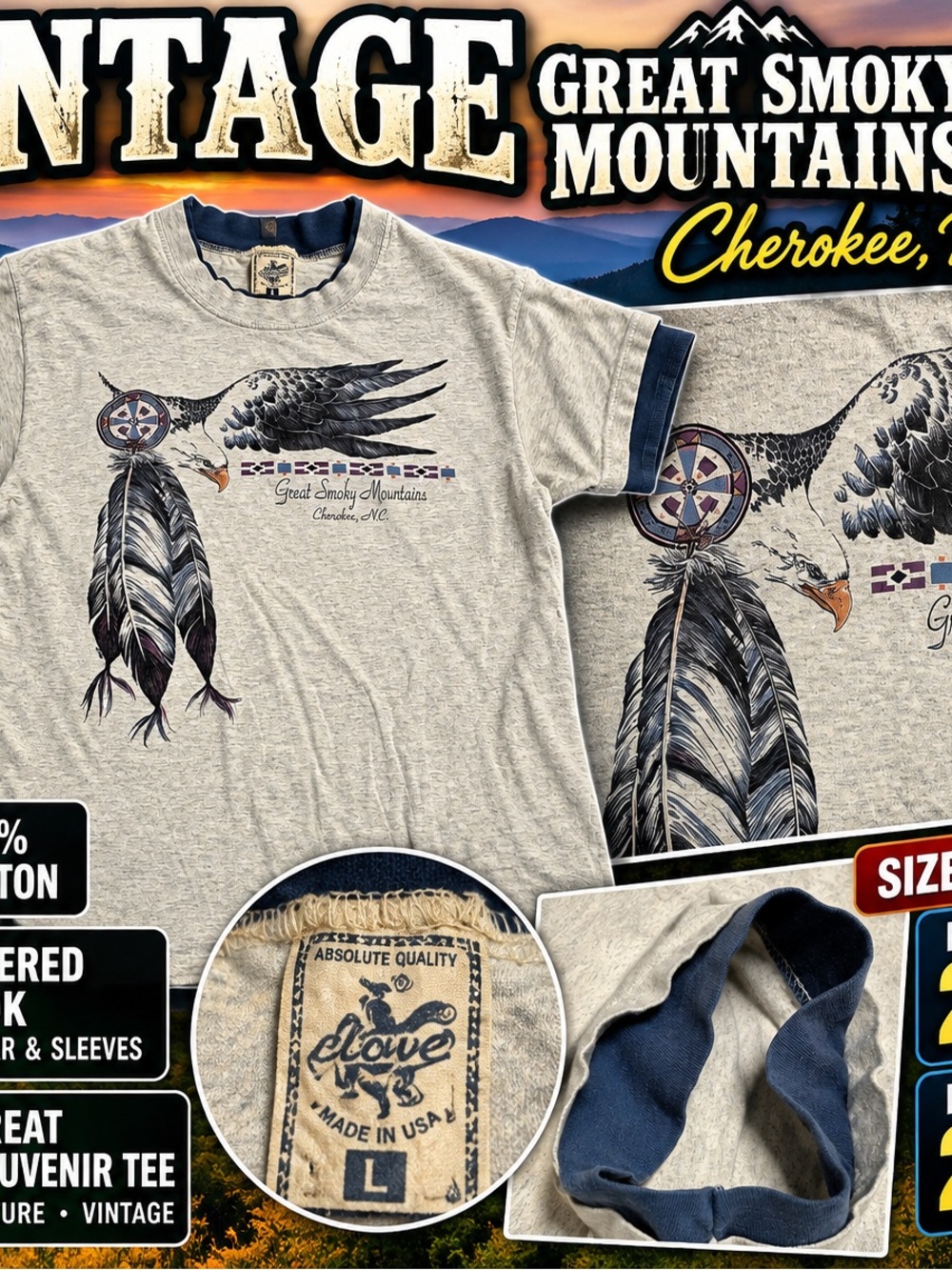 Vintage Great Smoky Mountains Cherokee NC Eagle T Shirt USA Made Mens L 90s